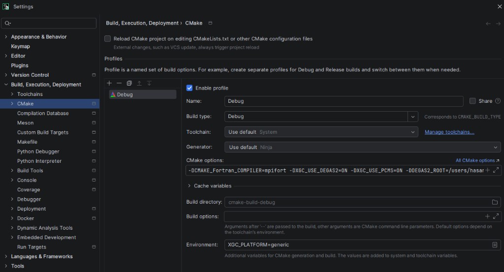 CLion CMake profile settings