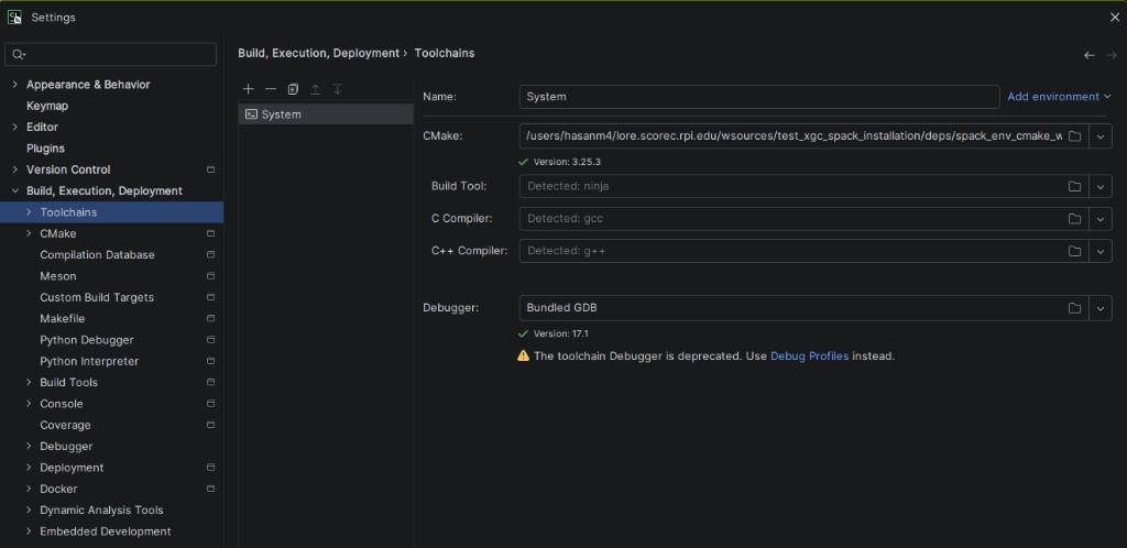 CLion Toolchain — CMake set to the wrapper script